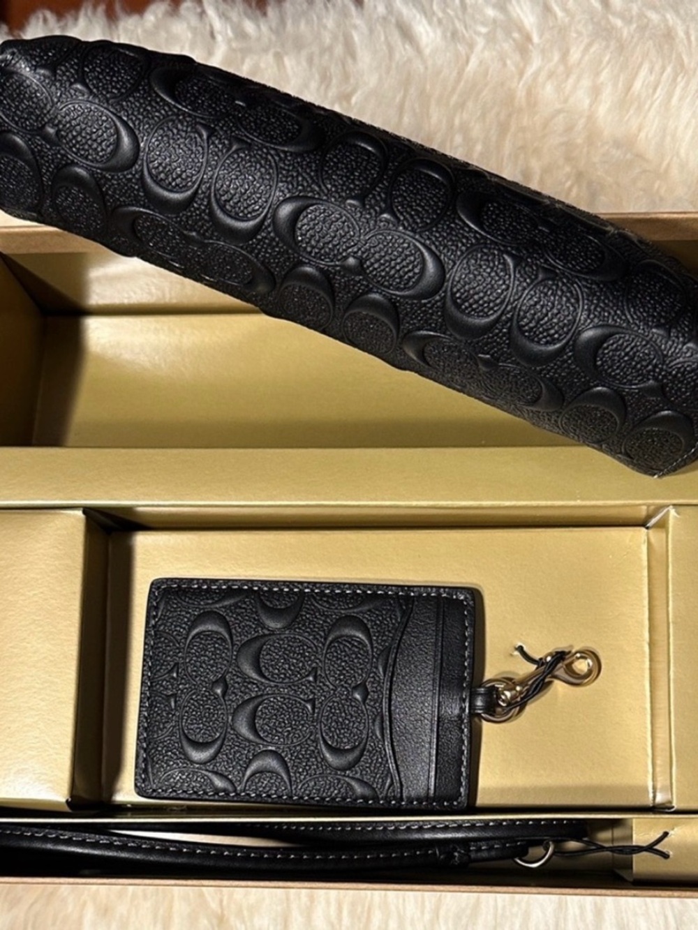 Coach Black Signature Leather Pencil Case and Lanyard